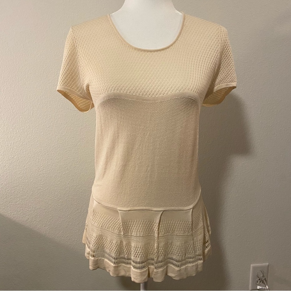 BCBGMAXAZRIA Emily Peplum Ivory Cream Short-Sleeve Blouse
